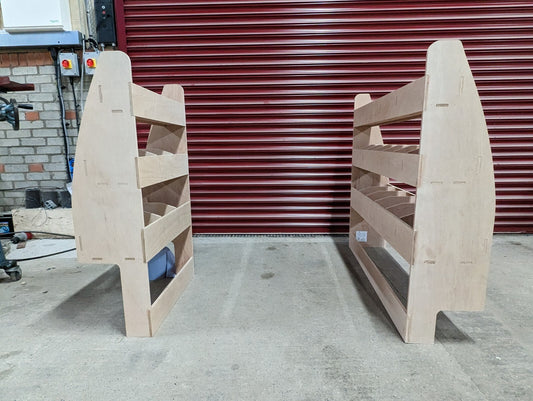 RS VW Caddy SWB van racking and shelving for tool storage, shown with off side and near side compartments.