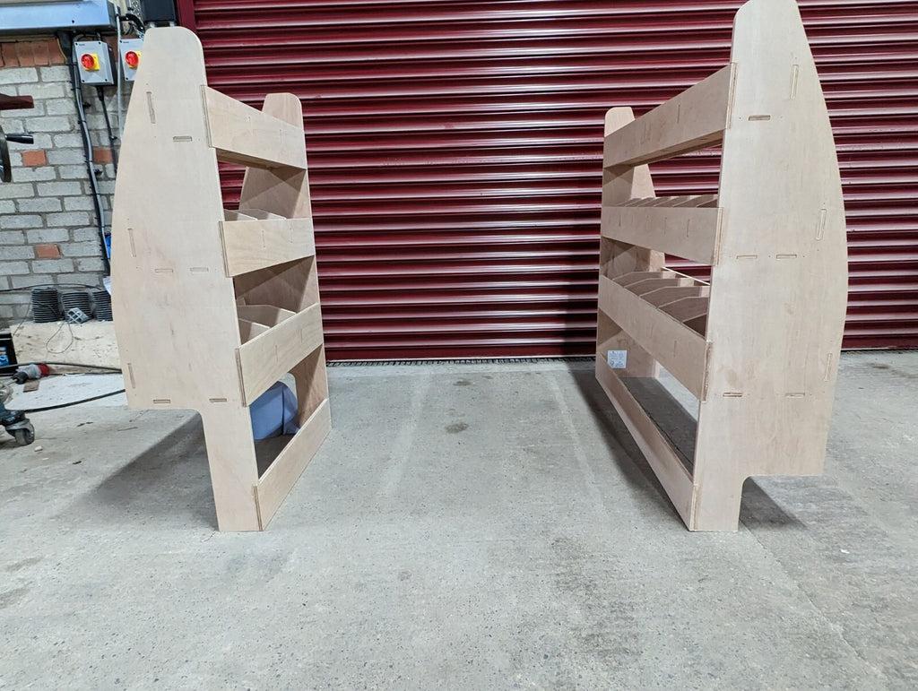 RS VW Caddy SWB van racking and shelving for tool storage, showing off-side and near-side compartments in a commercial vehicle.