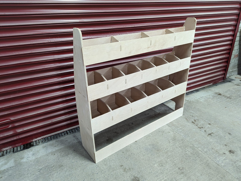 RS VW Caddy SWB Van racking and shelving organizer on off side, durable vehicle tool storage for commercial van interior.