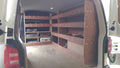 RS VW T5 T6 SWB triple van racking with plywood shelving for storage in commercial van or pickup vehicle.