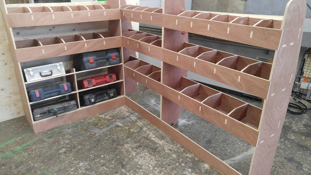 RS VW T5 T6 SWB triple van racking with plywood shelving for commercial vehicle storage in vans or pickups.