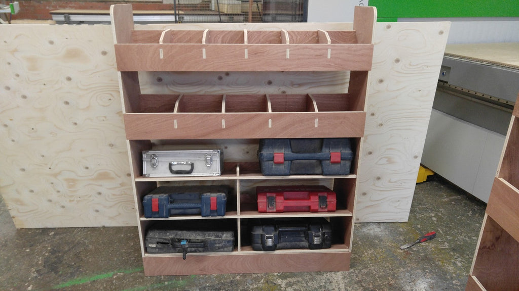 RS VW T5 T6 SWB triple van racking with plywood shelves for storage in commercial vehicle van or pickup.