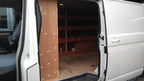 RS VW T5 T6 SWB triple van racking with plywood shelves for storage in commercial vehicle van or pickup interior.