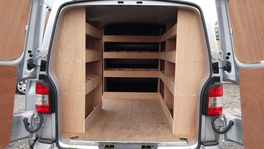 RS VW Transporter T5 T6 SWB van racking system with organized tool storage and shelving for commercial vehicle van interior.