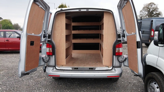 RS VW Transporter T5 T6 SWB van racking system with organized tool storage and shelving for commercial vehicle van interior.