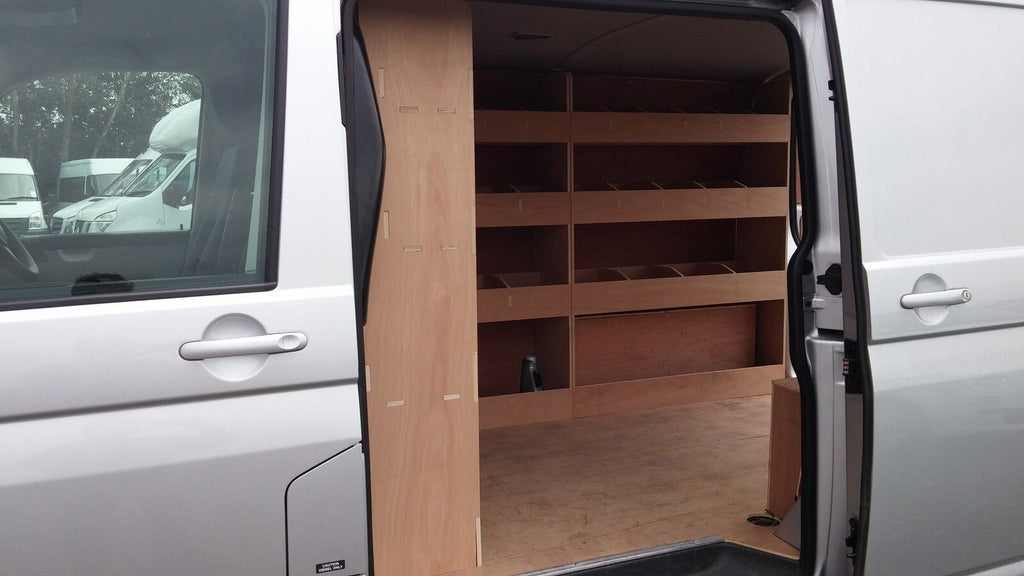 RS VW Transporter T5 T6 SWB van racking system with tool storage organizer for commercial vehicle van interior.