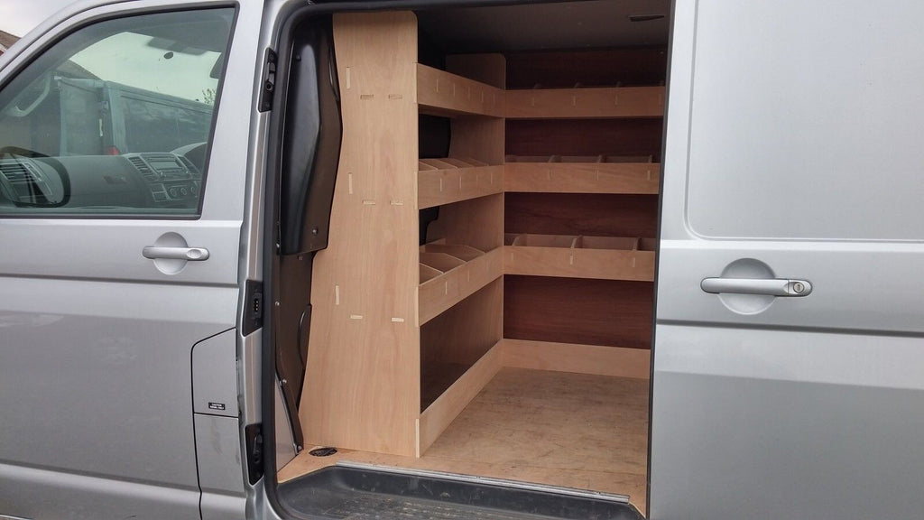 RS VW Transporter T5 T6 SWB van racking system with tool storage organizer for commercial vehicle van accessories.