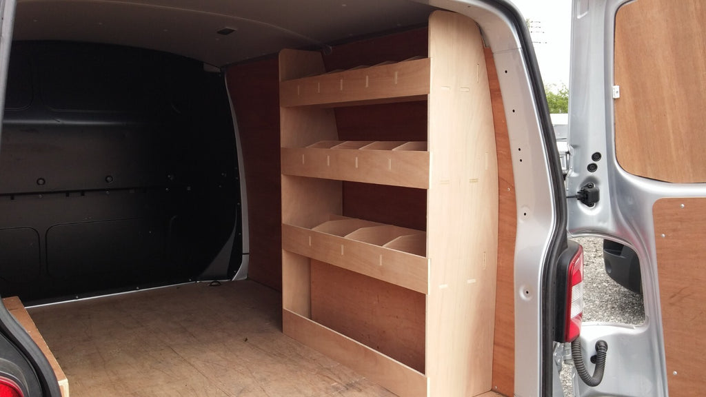 RS VW Transporter T5 T6 SWB driver side van racking shelving for tool storage in commercial vehicle van interior.