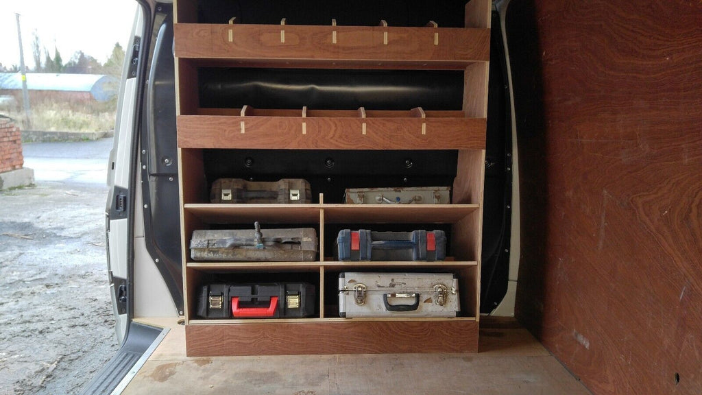 RS VW Transporter T5 T6 van shelving racking organizer for tool storage, fitted inside the commercial vehicle cargo area.