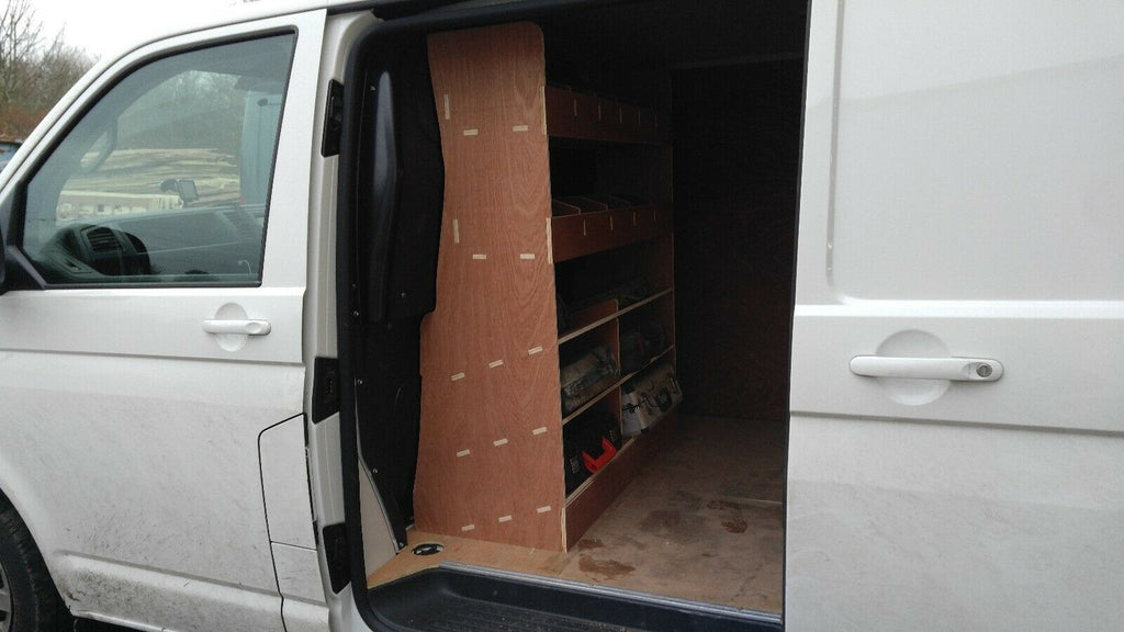 RS VW Transporter T5 T6 van shelving racking and tool storage organiser in the vehicle cargo area.
