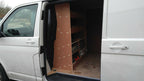 RS VW Transporter T5 T6 van shelving racking and tool storage organiser in the vehicle cargo area.