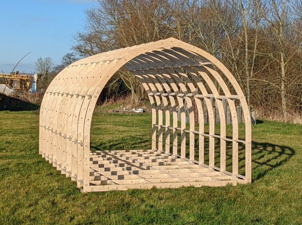 Shropshire CNC glamping pod frame kit, 3.2m wide, modular building structure, steel frame for outdoor accommodation.