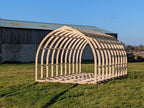 Shropshire CNC glamping pod frame kit, modular building, 3.2m wide, showing assembled steel structure for outdoor accommodation.