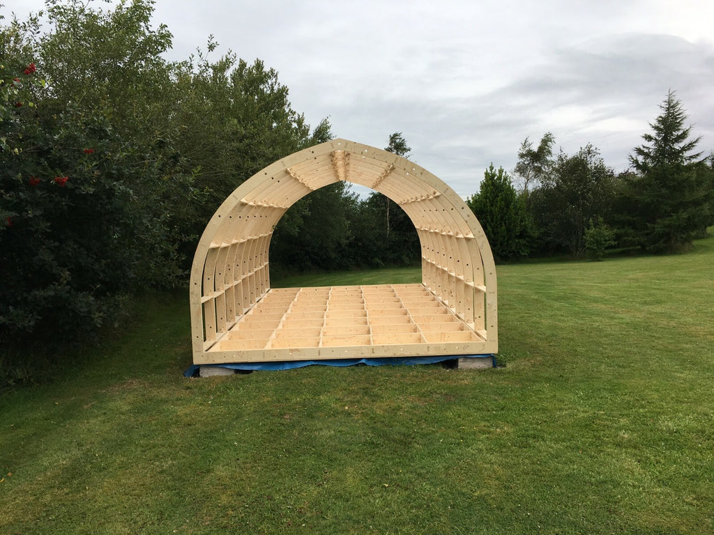 Wide Glamping Pod Frame Kit by Shropshire CNC, modular building structure measuring 7.2m by 3.5m, with wooden frame components.