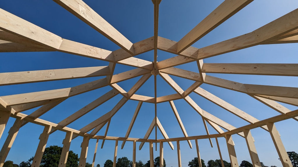 Shropshire CNC Octo Pod Frame Kit 4.0m for modular buildings, showing assembled metal framework with connecting joints.