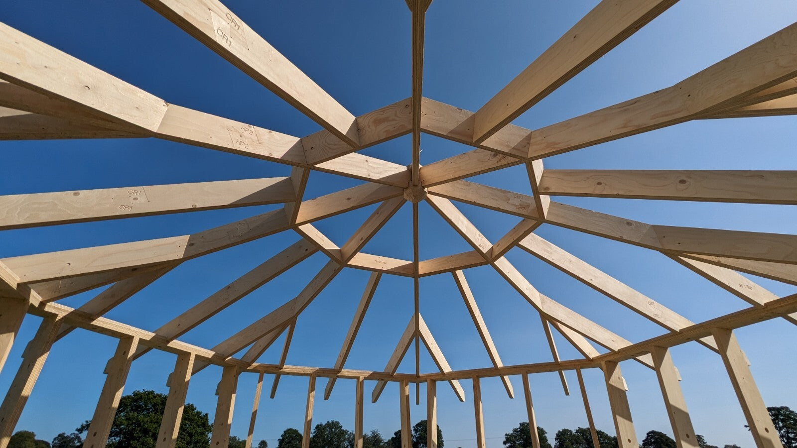 Shropshire CNC Octo Pod Frame Kit 4.0m for modular buildings, showing assembled metal framework with connecting joints.