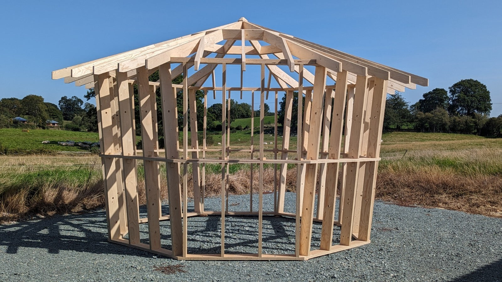 Shropshire CNC Octo Pod Frame Kit, 4.0m modular building structure with metal framework and detailed assembly components.