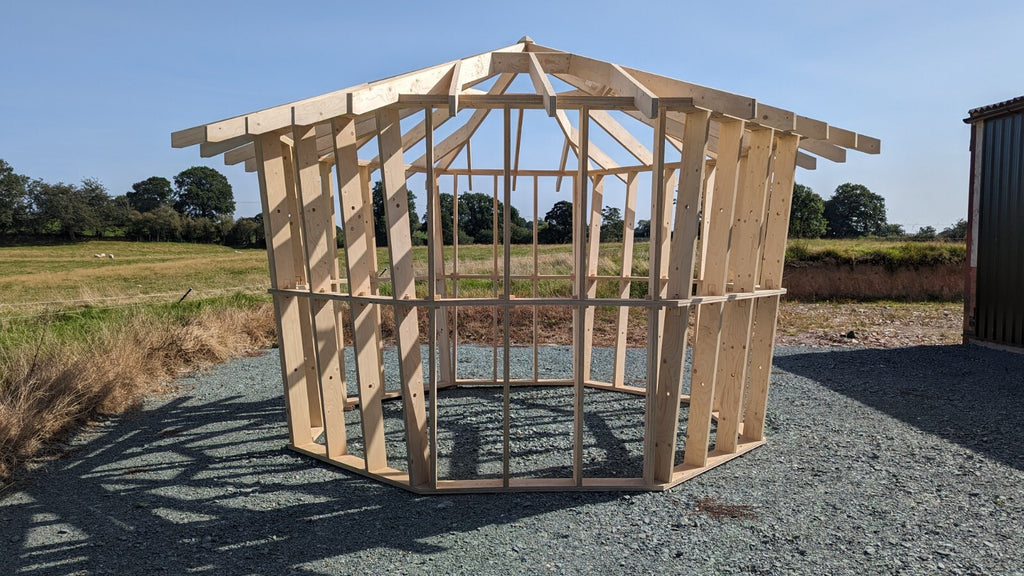 Shropshire CNC Octo Pod Frame Kit 4.0m modular building with metal frame and structural components for custom construction.