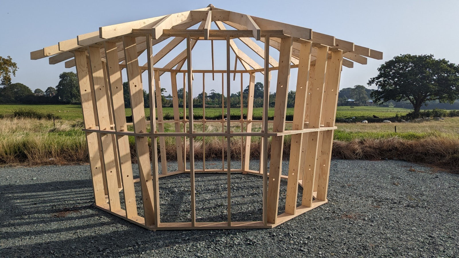 Shropshire CNC Octo Pod Frame Kit 4.0m for modular buildings, showing assembled metal framework with structural components.