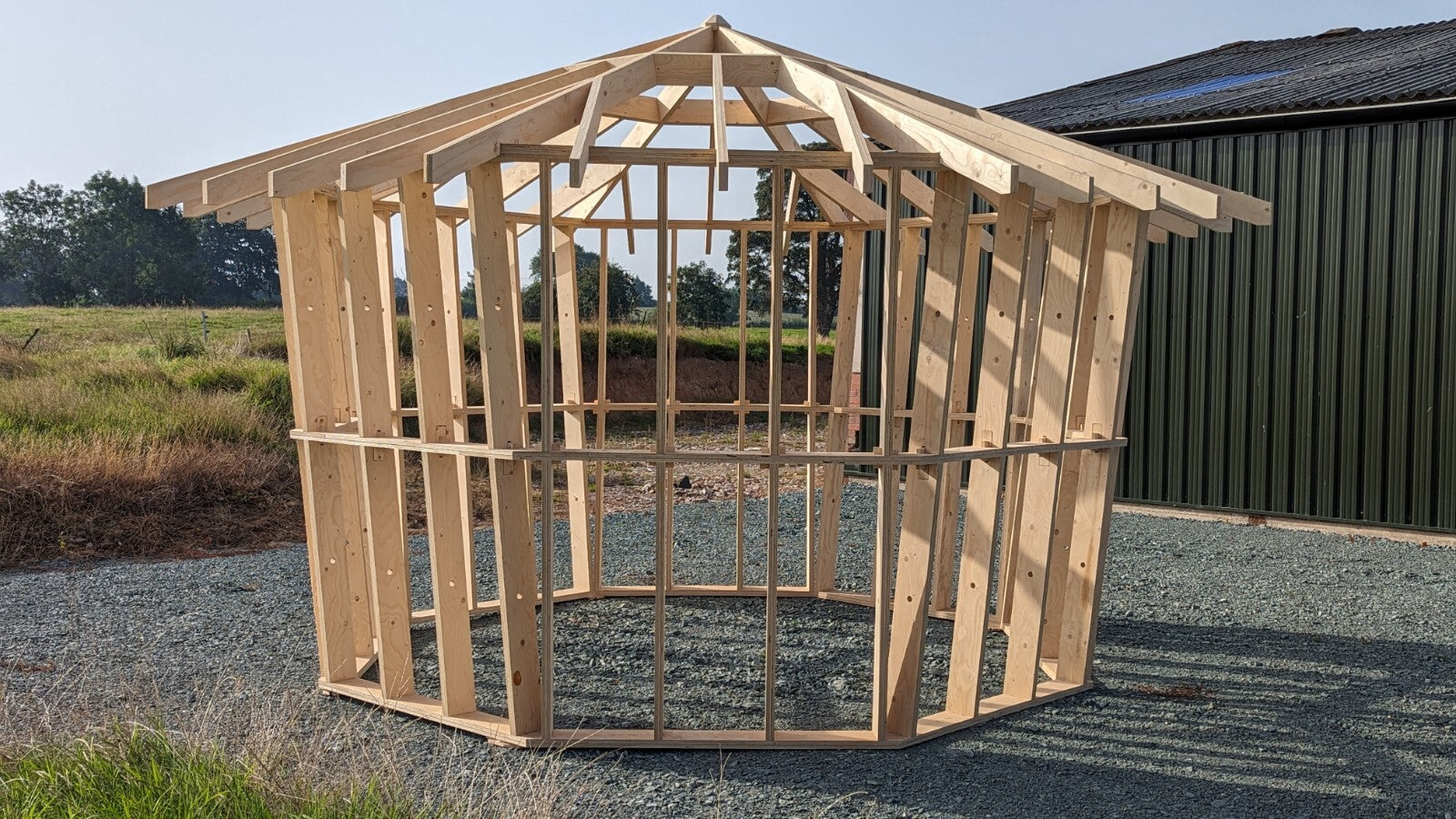 Shropshire CNC Octo Pod Frame Kit 4.0m for modular buildings, showcasing a sturdy metal frame with assembled sections.