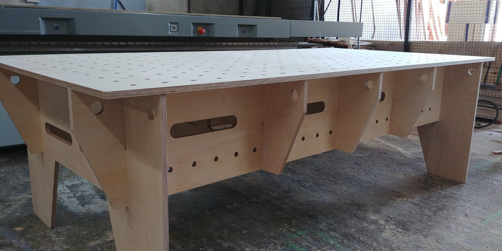 Shropshire CNC Knock Down Work Bench with MFT table top, measuring 2435 x 1215 mm, ideal for workshop and jig use.