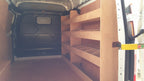 Ford Transit Custom LWB double van racking with plywood shelving for storage and organization of tools and supplies.