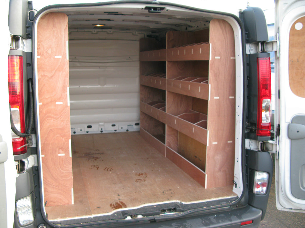 Vauxhall Vivaro SWB Van 2002-2014 interior storage rack with plywood shelving for tools and equipment organization.