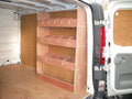 Vauxhall Vivaro 2008-2013 SWB van with plywood shelving and racking installed for organized cargo storage.