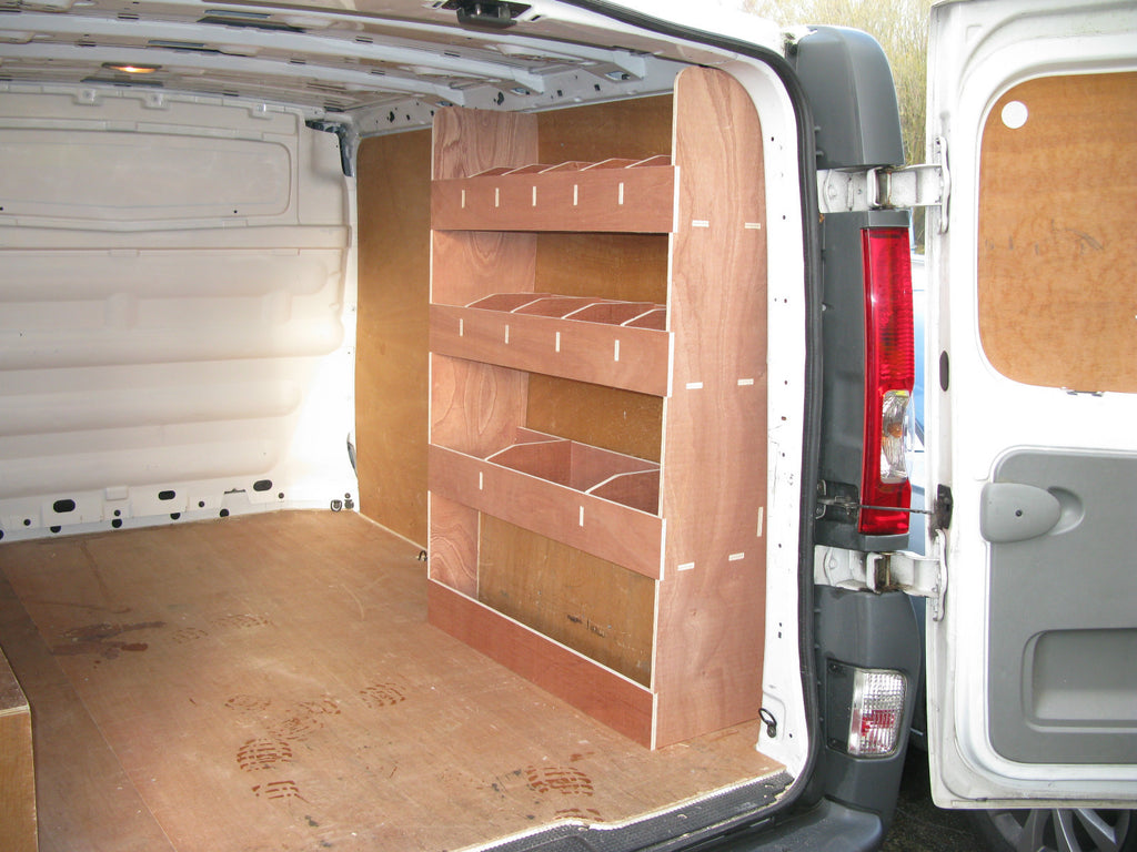 Vauxhall Vivaro 2008-2013 SWB van racking with plywood shelves, suitable for commercial vehicle storage and organization.