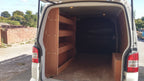 VW T5/T6 Transporter LWB van racking with plywood shelves for storage and organization inside the commercial vehicle.