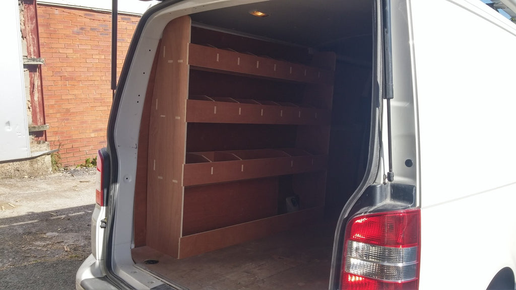 VW Transporter T5 T6 LWB single rear unit made of plywood, vehicle part for commercial vans and pickups.