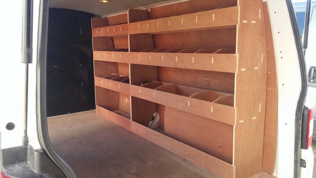 VW T5 T6 Transporter LWB van racking with plywood shelving for organized storage and vehicle accessories.