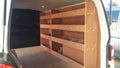 VW T6 Transporter LWB van racking with plywood shelves for storage and organization, designed for commercial vehicle van accessories.