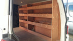 VW T6 Transporter LWB van racking with plywood shelving for storage and organization of commercial vehicle parts and accessories