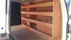 VW T6 Transporter LWB Van racking with plywood shelving for storage, designed for commercial vehicle organization and accessories.