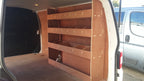 VW T6 Transporter LWB van racking with plywood shelving and tool storage accessories for commercial vehicle organization.