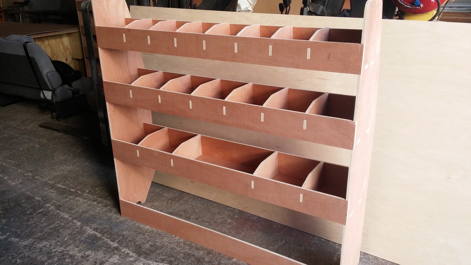 VW T6 Transporter LWB van racking with plywood shelving and storage accessories for organized commercial vehicle cargo space