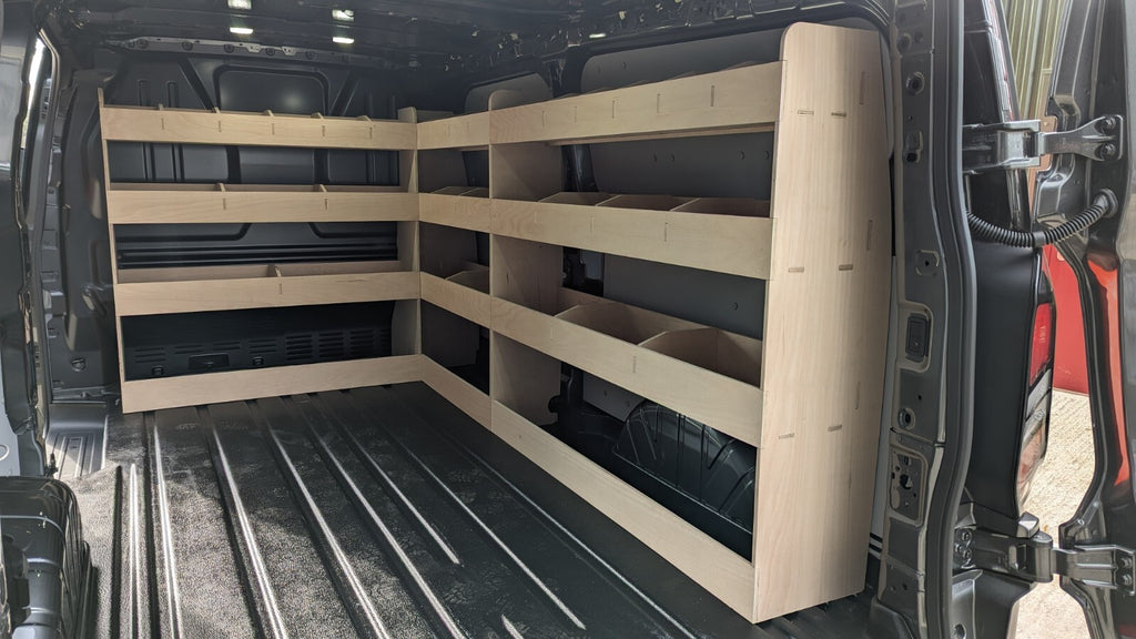 VW Transporter T7 LWB triple van shelving unit for commercial vehicle storage and organization in the van interior.