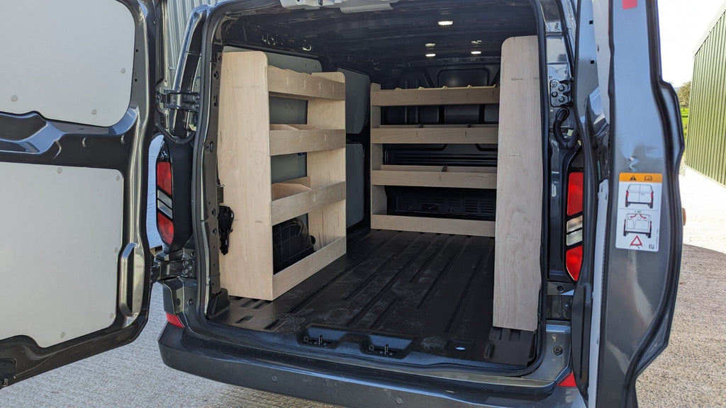 VW Transporter T7 SWB van shelving tool organizer for commercial vehicle storage and organization in the van interior.